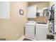 Bright laundry room features modern white appliances, storage cabinets, and practical organization features at 1209 Persimmon Way, Mcdonough, GA 30252