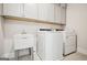 Bright laundry room with white washer, dryer, utility sink, and ample storage cabinets at 114 Village Green Ave, Woodstock, GA 30189