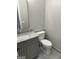 Powder room featuring granite countertop and gray cabinetry at 829 Artistry Way, Fairburn, GA 30213