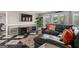 Finished basement boasts a cozy living room with sleek black leather sectional and lake views at 1283 Heritage Dr, Villa Rica, GA 30180