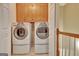 Laundry room with front load washer and dryer and upper storage cabinets at 215 Farr Lake Dr, Tyrone, GA 30290