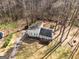 Aerial view of a home with a well-maintained lawn, a driveway, and surrounded by lush trees, in a quiet neighborhood at 3747 Junior Ln, Douglasville, GA 30135