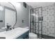 Modern bathroom with decorative shower, white sink and vanity at 305 Worthing Ln, Mcdonough, GA 30253