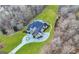 Aerial view showcasing a backyard pool oasis and manicured lawn, surrounded by mature trees at 4233 Sandstone Shores Dr, Stonecrest, GA 30038