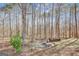 Backyard fire pit area with a rustic seating and mature trees at 140 Rockglen Ct, Fayetteville, GA 30215