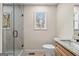 Bathroom featuring a glass-enclosed shower, granite countertops, a white toilet, and tiled flooring at 1190 Plantation Dr, Villa Rica, GA 30180