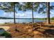 Lakeside picnic area with picnic tables and string lights strung between mature trees at 1190 Plantation Dr, Villa Rica, GA 30180