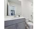 Well-lit bathroom featuring a gray vanity, spacious countertops, and modern fixtures at 6910 Newcastle Ct, Fairburn, GA 30213