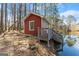 Charming lakeside cabin with red siding, white trim, and a cozy deck overlooking the water at 897 Winding Trl, Lawrenceville, GA 30046