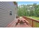 Expansive wooden deck with picnic table overlooks a lush, wooded backyard at 133 Harold Dr, Mcdonough, GA 30253