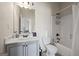 Cozy bathroom featuring a single vanity with a tub and shower combination at 2441 Noelle Ln, Powder Springs, GA 30127