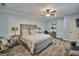 Comfortable main bedroom with gray toned walls, carpet, a ceiling fan, and desk space at 5997 Wildcreek Rd, Sugar Hill, GA 30518