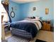 Cozy bedroom with blue walls, large bed with patterned bedding, and charming decor at 924 Polk Rd, Moreland, GA 30259