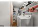 Practical laundry room with washer, dryer, and plenty of shelving for storage at 1055 Adrian Sw Cir, Conyers, GA 30094