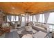 Inviting screened porch with ample seating and rustic wood ceiling at 3798 Cumberland Way, Lithonia, GA 30038