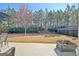 A beautiful backyard featuring a lawn, a line of pine trees, patio furniture, and a fire pit at 305 Roundwood Way, Peachtree City, GA 30269