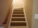 Carpeted stairway with a wooden handrail provides access to the upper level of the home at 180 Sunderland Cir, Fayetteville, GA 30215