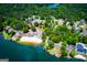 Stunning aerial view showcasing lakefront homes with private docks and a community beach at 2304 Larchmont Ct, Villa Rica, GA 30180