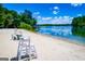 Picturesque view of a sandy beach with lifeguard chairs, picnic tables, and peaceful lake at 2304 Larchmont Ct, Villa Rica, GA 30180