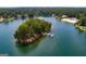 Stunning aerial view of a serene lake and lush island with dock, surrounded by beautiful homes at 2304 Larchmont Ct, Villa Rica, GA 30180