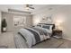 A bright bedroom with a ceiling fan, neutral colors, and a large window at 1064 Lear Dr, Locust Grove, GA 30248