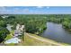 An aerial view showcasing the pool, lake access, and the surrounding landscape at 415 Discovery Lake Dr, Fayetteville, GA 30215