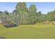 Large backyard featuring a playset with a slide, green lawn, and mature trees at 415 Discovery Lake Dr, Fayetteville, GA 30215