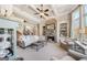 Elegant living room with coffered ceiling, stone fireplace, and custom built-ins at 3149 Hidden Falls Ne Dr, Buford, GA 30519