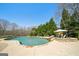 Lush backyard features a kidney-shaped pool, mature trees, and stone patio with an umbrella at 3149 Hidden Falls Ne Dr, Buford, GA 30519
