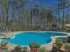 Beautifully landscaped backyard pool with a backdrop of mature trees and privacy fence at 809 Mcbean Ct, Mcdonough, GA 30252