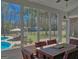 Inviting screened porch with dining table and view of the sparkling pool and backyard at 809 Mcbean Ct, Mcdonough, GA 30252
