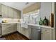 Charming kitchen featuring a white farmhouse sink, stainless steel appliances and tile backsplash at 497 Pine Haven Ln, Atlanta, GA 30342