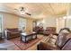Comfortable living room with hardwood floors, rich leather seating, and wood plank ceiling at 375 Wellington Mill Rd, Whitesburg, GA 30185