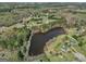 Aerial view of a neighborhood lake surrounded by trees and houses, showcasing a peaceful setting at 720 Strawflower Ln, Locust Grove, GA 30248