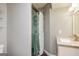 Neutral bathroom features glass enclosed shower with subway tile and marble vanity top at 171 Rockspray Rdg, Peachtree City, GA 30269
