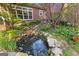 Beautiful backyard pond with waterfall feature and lush landscaping at 135 Horseshoe Cir, Fayetteville, GA 30215