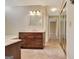 Well-lit bathroom featuring a wooden vanity, mirror, carpet flooring, and neutral paint at 233 Creekstone Bnd, Peachtree City, GA 30269
