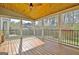 Covered porch with wood floors, ceiling fan, and backyard views at 233 Creekstone Bnd, Peachtree City, GA 30269