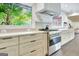 Kitchen details featuring a stove, stainless steel appliances, and a view of the landscaped backyard at 129 Old Norton Rd, Fayetteville, GA 30215