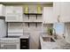 Kitchen featuring a stainless steel sink, granite countertops, floating shelving, and white cabinetry at 710 Bluebird Se Dr, Conyers, GA 30094
