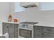 Modern kitchen with stainless steel range, white backsplash, and gray cabinets with contemporary decor at 265 High St, Fayetteville, GA 30214