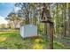 Backyard storage shed with a birdhouse nearby, providing extra storage space and charm at 3685 Concordia Rd, Decatur, GA 30034