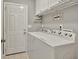 Functional laundry room includes washer, dryer, storage cabinets, and convenient access to the exterior at 147 Kripple Kreek Dr, Sharpsburg, GA 30277