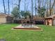 Inviting backyard with brick fireplace, seating area, and manicured lawn at 200 Magnolia Ct, Mcdonough, GA 30252