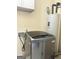 Modern laundry room featuring a gray washer, water heater, and white cabinets above at 6544 Bussell Way, Riverdale, GA 30274