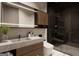 Contemporary bathroom featuring a double vanity sink, sleek fixtures, and a glass-enclosed shower at 2702 Antioch Ne St, Conyers, GA 30013