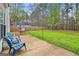 Backyard featuring a patio area with blue Adirondack chairs and table with umbrella at 240 Sturgess Run, Sharpsburg, GA 30277
