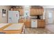 Traditional kitchen with wood cabinets, white appliances, and a spacious layout with a kitchen table and view to the back door at 575 Chuli Rd, Locust Grove, GA 30248