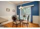 Dining area featuring a modern glass table, unique chairs, wainscoting and a blue accent wall at 50 Clear Spring Ct, Oxford, GA 30054