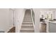 Carpeted staircase with white banister and black metal spindles leading to the upper level of the home at 566 Silver Moon Drive # 21, Loganville, GA 30052
